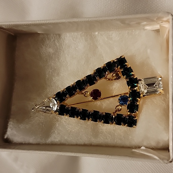 Christmas Tree Holiday Green Red Blue Clear Faux Stones Gold Tone Brooch Pin - Picture 2 of 16